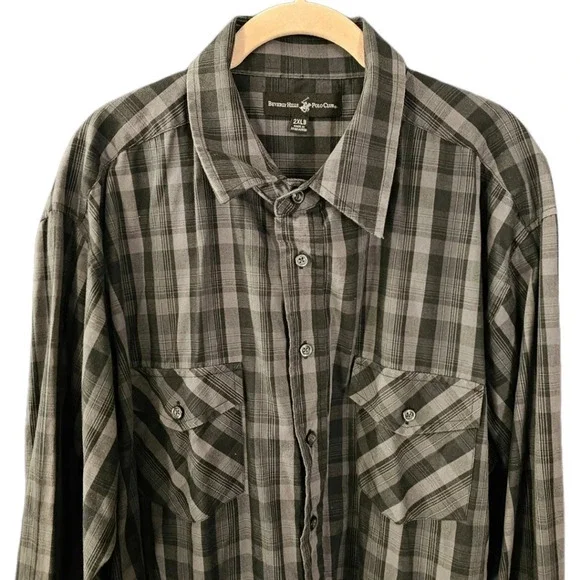 Beverly Hills Polo Club Black and Gray Plaid Button Front Shirt - Picture 2 of 8
